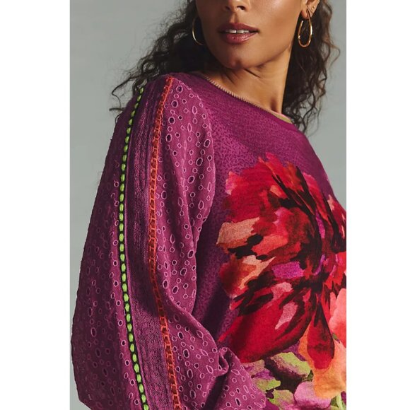 Bl-nk London ANTHROPOLOLGIE Contrast Floral Eyelet Sleeve Pullover Size S - Picture 2 of 9